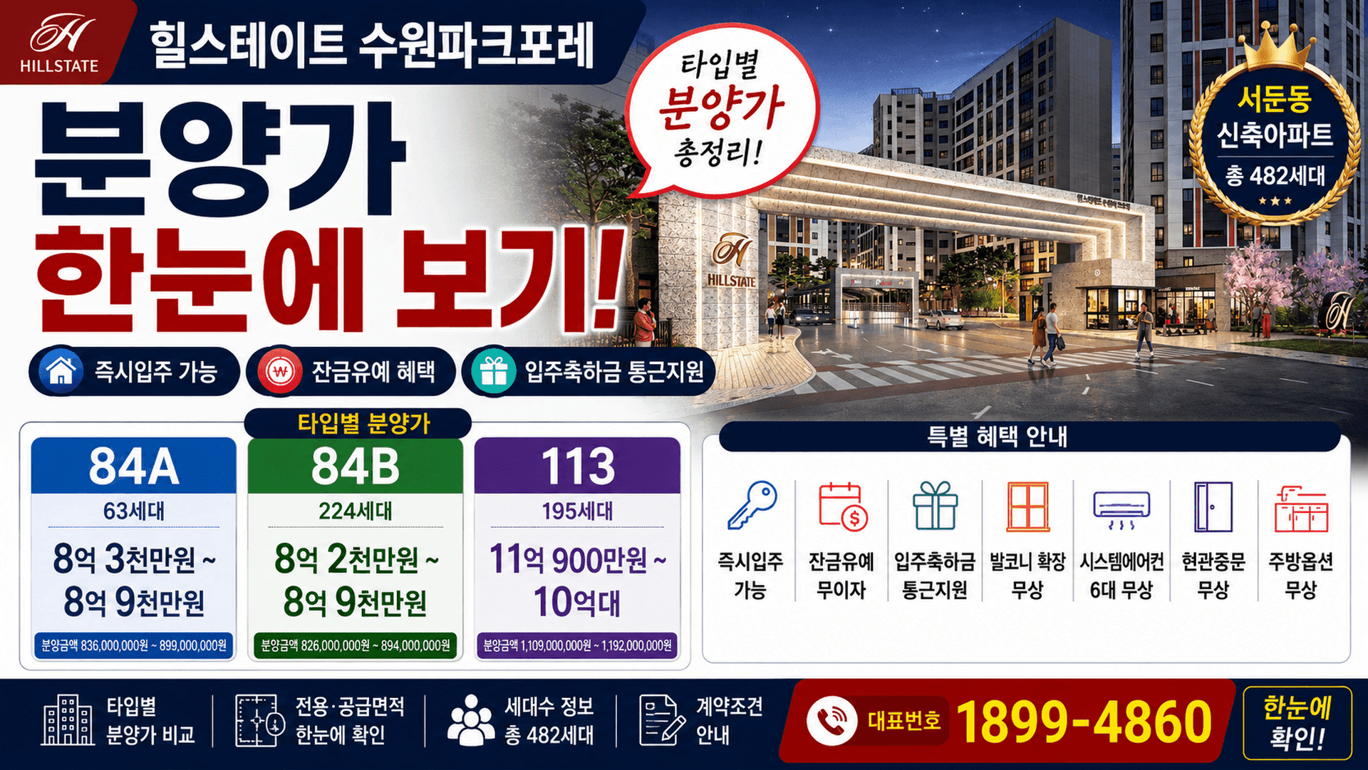 힐스테이트-수원파크포레-분양가-한눈에-보기-서둔동-신축아파트-84A-84B-113타입-가격-비교-즉시입주-가능-잔금유예-입주축하금-발코니확장-무상-시스템에어컨-무상-특별혜택-안내